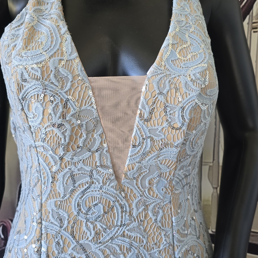 Macy's Blue Sheath Plunge Neck Wedding Dress